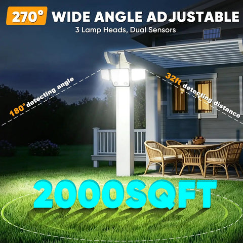 Heavy Duty Split Solar Security Lights Featuring Dual Motion Sensors And A 15.7 FT Cable Slick Waterproof Flood Lamp Badass Backyard Patio Fence Gate Shed Garage Outdoor Night Guard with 3 lamp heads spotlighting lawn.