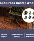 Vintage Solid Brass Square Cup Caster Wheels For Antique Furniture Restoration With Smoother Than Butter Roll Rock Hard Durability And Straight Up Classic Charm, showcased on an elegant wooden chair.