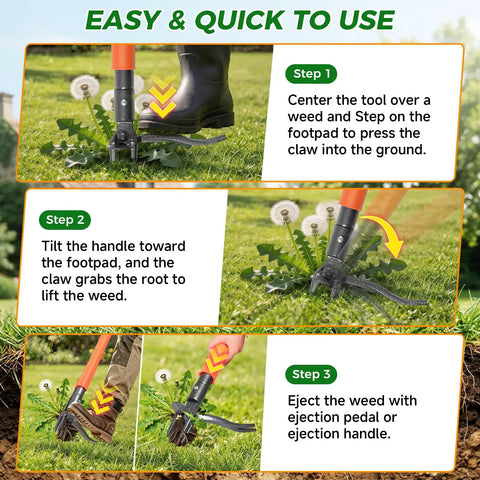 Stand Up Weed Puller Tool With 4-Claw Steel Head And Dual Eject, 43.7 Inch Bamboo Handle, Deep Root Remover For Lawn Garden Yard, Anti-Slip Pedal, No Bending Back Pain, Easy Weeding showing 3-step weed removal