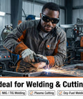 Rugged Wrap Around Shade 8 Welding Glasses For TIG Stick And Plasma Cutting With ANSI Z87 Certified eye protection worn by a welder.