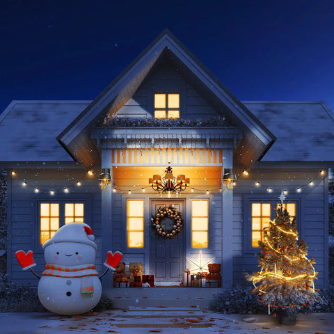 Festively decorated house with snowman, wreath, and Christmas lights, featuring a porch light with built-in GFCI outlet and dusk to dawn sensor.