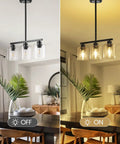 Sleek Black Three Light Kitchen Island Pendant Lamps Using Dimmable E26 Base showcasing clear glass shades with light off and on.