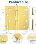 Three Pack Brushed Gold Exterior Door Hinges Four Inch With Five Eighth Inch Radius And Square Corners Removable Pin