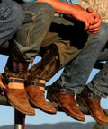 2 Piece Leather Spur Straps For Boots on cowboy boots in rustic brown leather, adjustable design for secure spurs, western style