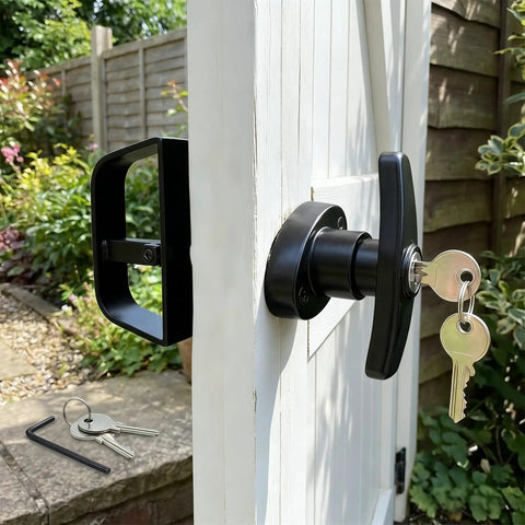 Heavy Duty Zinc T Handle Shed Door Lock Kit With Keyed Alike Security And D Grip Interior Lever For Garages And Garden Sheds Solid As A Rock Runs Butter Smooth on a white garden shed door.