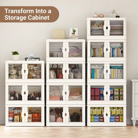 4 Pack Stackable Storage Bins With Wheels And Snap Tight Lids, Heavy Duty Collapsible Organizer Boxes To Completely Knock Out Clutter, Zero Tools Required Setup, Built Rock Solid, White displayed as a cabinet.