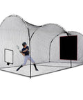 Baseball Batting Cage Backstop 4x6 Ft Heavy Duty PVC Vinyl Net With Strike Zone and player practicing hitting.