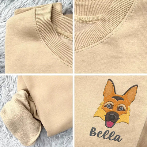 Custom Mechanic Sweatshirt Featuring Personalized Embroidered Name On Sleeve, Soft Fleece Pullover, Close-up of beige fleece texture and embroidered dog design.