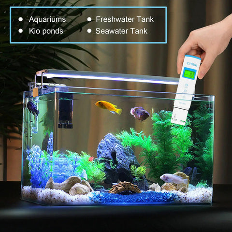 All in One pH and TDS EC Meter for Hydroponics With Temp ATC 2nd Gen testing water in an aquarium