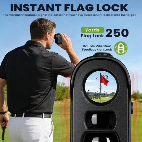 Man using Straight Up Spot On Golf Rangefinder With Smart Flag Lock And Snappy Vibration Alert 1200 Yard Laser Distance Meter.