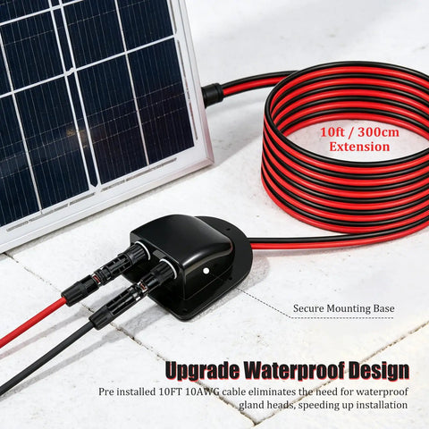Solar Cable Entry Gland Kit With 10Ft 10AWG Extension Cable IP68 Waterproof Dual Roof Wire Housing Junction Box for RVs and boats