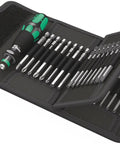 Open Compact Bit Holding Screwdriver Kit With Rapidaptor Quick Change 3 Point 5 Inch Bits 33 Piece Set in black fabric pouch.