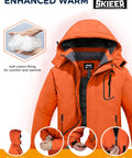 Men's Waterproof Ski Jacket With Fleece Liner, Rainproof Warm Snow Coat, 10,000mm Waterproof Rating, Orange Large with hood