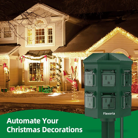 All Year Ready Outdoor Power Strip With Weather Resistant Build, 25 Foot Extension Cord, Six Grounded Outlets For Backyard Setup And Landscape Lights, Comes Loaded With A Trusty 24 Hour Mechanical Timer in a festive Christmas setting.