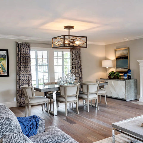 Dining room with 4 Light Semi Flush Mount Black And Gold Ceiling Light Vintage Metal Farmhouse Cage Chandelier Fixture