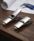 Super Heavy Duty Stainless Steel Adjustable Toggle Latches for Quick Release Toolbox and Storage Box Fastening Clamps on wooden surface.
