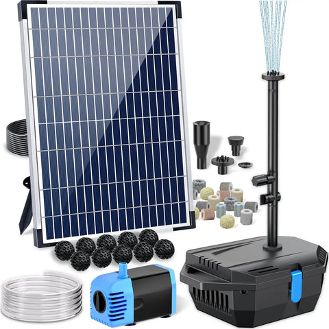 Solar Pond Filter Kit With 12W Panel And 160GPH Fountain Pump, Outdoor Filter Box With Six Point Six Foot PVC Tubing visible