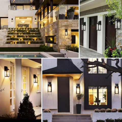 Collage of homes with 2 Pack 14 Inch Dusk To Dawn Outdoor Wall Lights Waterproof Black Exterior Sconces For Front Door Porch And Garage Wall Mount Sensor Photocell Auto On At Sunset Auto Off At Dawn in various settings.