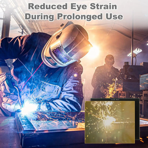 Premium Gold Welding Lens Shade 10 Replacement Filter For Standard Helmets 4.5 X 5.25 Inch Hardened Glass Plate being used for welding.