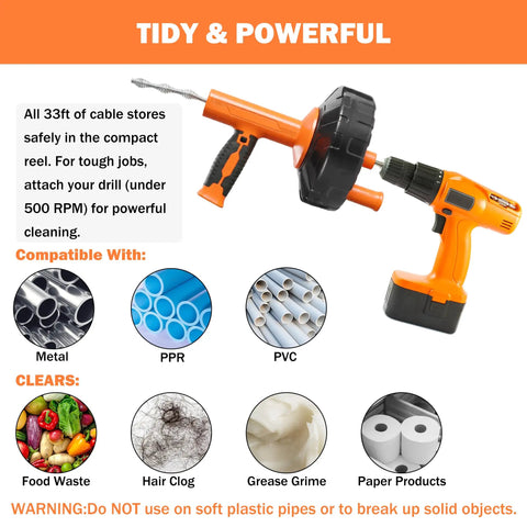 Heavy Duty 33 Ft Drain Snake Auger with Drill Adapter for Sink shown with drill, cable reel, and compatible pipe materials.