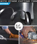 Electric Metal Shear For Sheet Metal, 14 Gauge, 5.0 Amp Motor cutting metal sheet with curled edges and sparks.