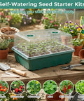 Two Pack Self Watering Seed Starter Tray Kit with 96 cells humidity vented domes and tall lid on outdoor table
