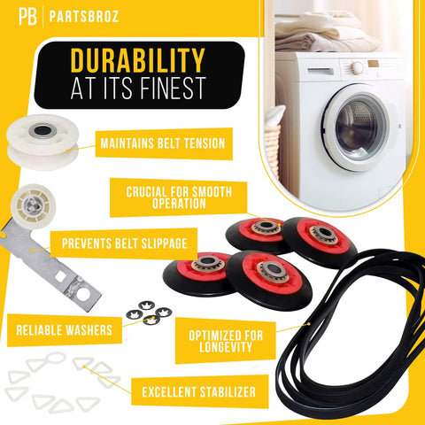 No Sweat Dryer Repair Kit For Maytag Duet Top Tier Front Load Drum Rollers and Idler Pulley with washers and drive belt.