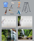 Installation guide for Huge 108 By 75 Inch Cascading Waterfalls In Forest Wall Mural, showing tools and step-by-step application.