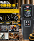 Solid Five In One Stud Finder Wall Scanner With Bright Laser Line For Dead On Wood Stud And Live Wire Detection Slick Pipe Scan Moisture Check Essential Handyman Tool For Homeowners shown on a workbench with tools.