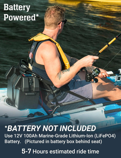 Featherweight Kayak Trolling Motor For Sit On Top Fishing Yaks Featuring Silky Smooth Quiet Electric Propulsion And Reliable Pace Setting Drive Assembly in use on water with fisherman.