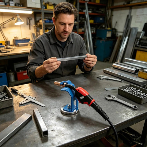 Handy Heavy Duty Magnetic Torch Holder With Strong Base For Welding Station holds MIG tool on steel surface during welding.