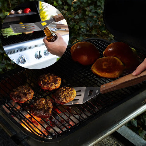 Stainless Steel BBQ Grill Tools Set With Ergonomic Wood Handles Includes Spatula Tongs Knife Fork And Carry Bag for grilling burgers