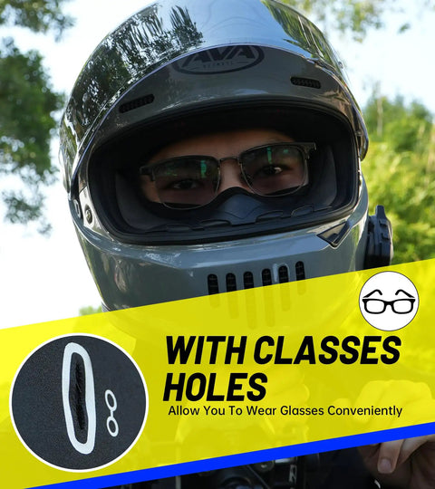 Person wearing helmet over cool ice silk face mask showing glasses holes feature for outdoor activities