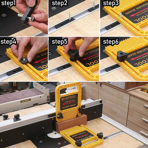 Killer Grip Adjustable Double Featherboard For Table Saw And Router Table Yellow Polymer assembly steps showing tool usage.