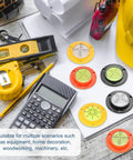 Nexarelle 6pcs Round Bubble Level D:48.9mm, H:12mm Black Green displayed with tools on a work surface.