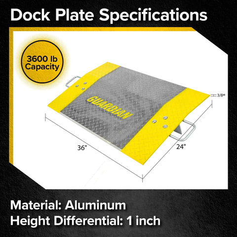 Heavy Duty Aluminum Dock Plate 24 X 36 Inch Trailer Bridge Ramp For Loading Docks 3600 Pound Capacity showing specifications.