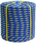 Heavy Duty 3/4 By 50 Foot Double Braided Polyester Arborist Rigging Rope rolled in blue with vibrant accents.