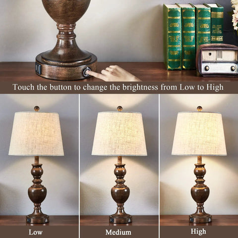 Set Of 2 Farmhouse Table Lamps With 3 Way Dimmable Touch Control, showcasing touch button and varying brightness levels