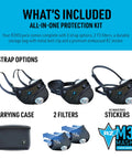 All Day Reusable Air Filtration Mask With 99.8 Percent Filtration Efficiency, Anti Fogging, Up To Fifty Percent Better Breathability, 360 Degree Seal, Three Strap Design, Trusted By First Responders with accessories