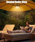 Warm White Cordless Umbrella Light With 3 Brightness Modes, 28 LEDs Up To 200 Lumens illuminating a patio with a person reading