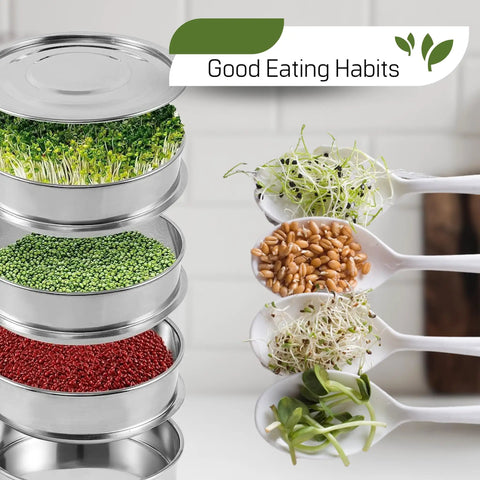 Stainless Steel 4 Tier Seed Sprouting Kit With Lid, 6 Inch Diameter; trays with microgreens and seeds on spoons for sprouting