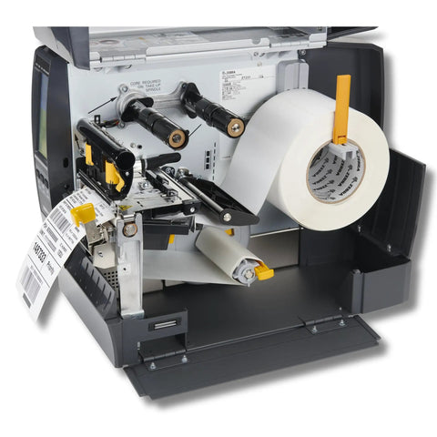 Industrial Label Printer Four Inch Thermal Transfer Featuring Two Zero Three DPI Bluetooth Usb Serial Ports Touch Screen showing internal components with label roll.