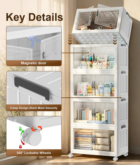 Close-up of Slick 5 Tier Stackable Storage Bins With Removable Locking Covers And Clear Front Doors 415 QT showcasing magnetic door and clasp design.