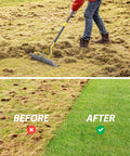 Person using 2-In-1 Dethatching Rake With Adjustable Head And 19 Tooth Heavy Duty Metal Tines For Deep Thatch Penetration on lawn