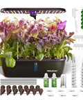 Smart Indoor Garden Kit With 24W Full Spectrum Grow Light 15 Pods Hydroponic System shown with accessories and growing herbs