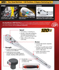 One Quarter Inch Drive 120XP Teardrop Flex Head Ratchet With Three Degree Swing Dual 60 Tooth Pawls displayed with features