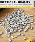 500 Piece Aluminum Crimp Loop Sleeves For One Sixteenth Inch Wire Rope And Cable Ends, Durable Lightweight Ferrules End Caps For DIY Rigging, Marine Outdoor Gear, Easy Quick Crimp. Aluminum crimp loop sleeves on wood surface