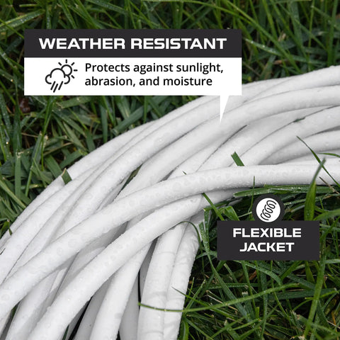 100 Foot White Outdoor Extension Cord With 3 Outlets, Beefy Heavy Duty All Weather 16/3 SJTW Power Cable coiled on wet grass