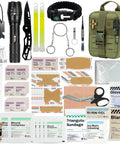 Rhino Rescue survival first aid kit in green MOLLE pouch with flashlight, bandages, scissors, and tools