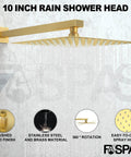 10 inch rain shower head in brushed gold finish with stainless steel and brass materials, wall mounted design